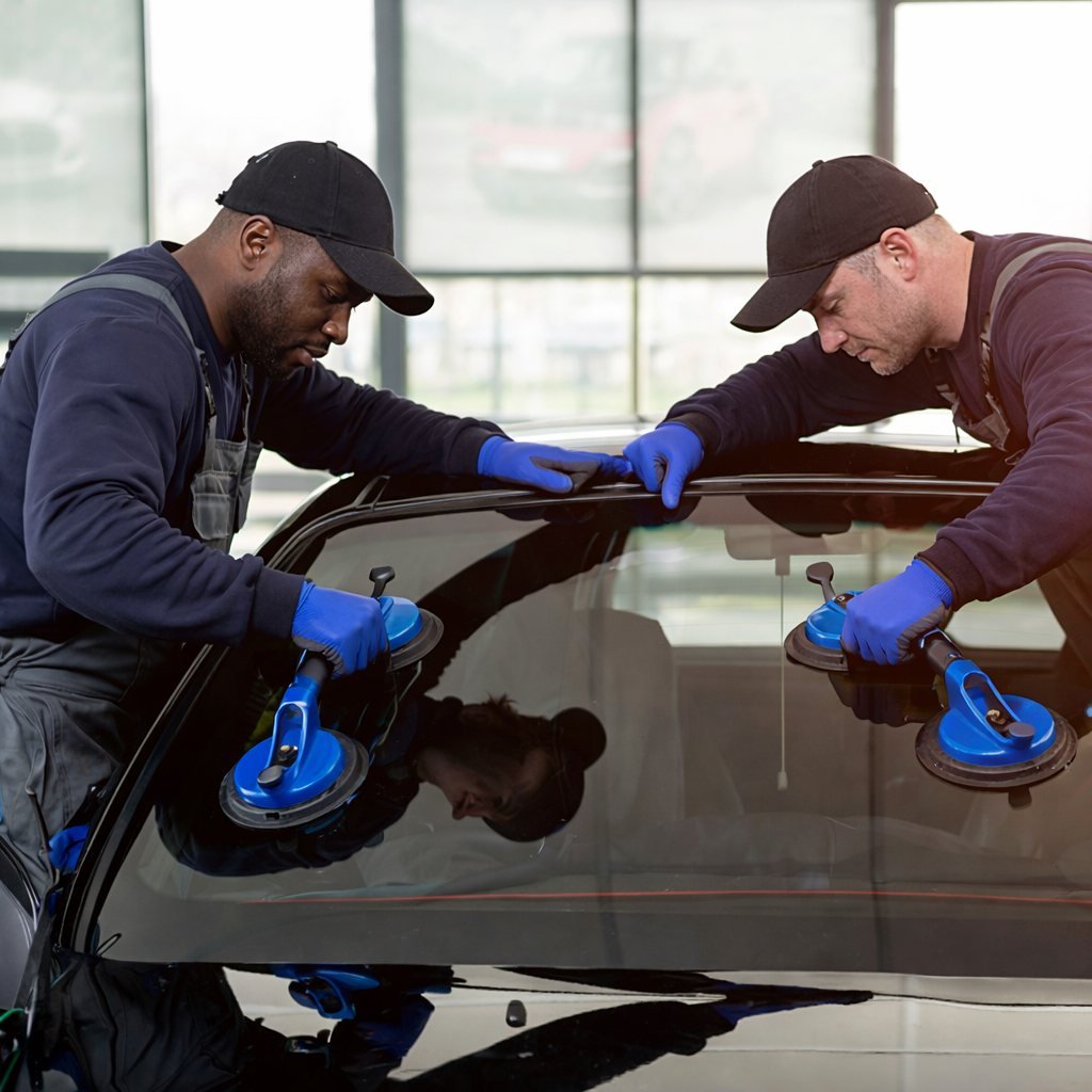 Two technicians setting a new windshield into place with suction handles
