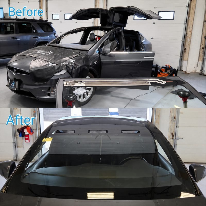 2018 Tesla Model X windshield replacement — before and after
