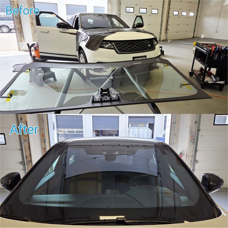 2019 Land Rover Range Rover Velar windshield replacement — before and after