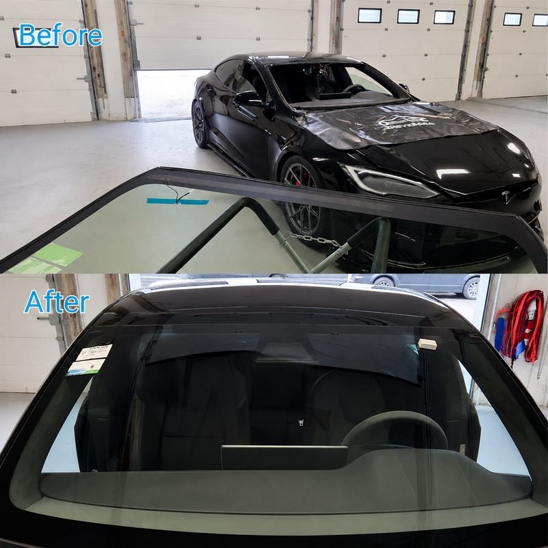 2021 Tesla Model S windshield replacement — before and after