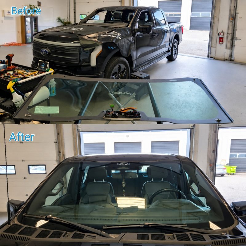 2022 Ford F-150 Lightning windshield replacement — before and after